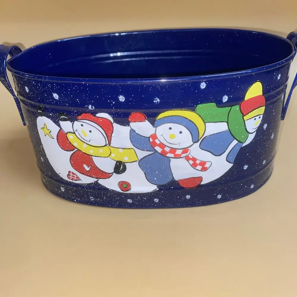 Vintage Snowman Winter Holiday Christmas Metal Tin Home Decor Container